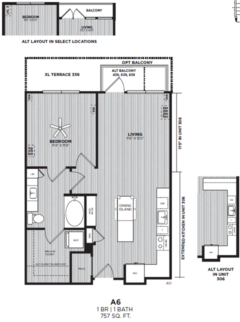 Floor plan for 1 bed, 1 bath, 757 sqft